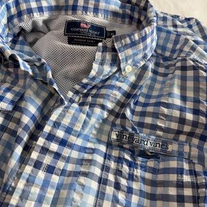Vineyard Vines Men's Performance Harbor Shirt Blue and White Checkered Shirt XL
